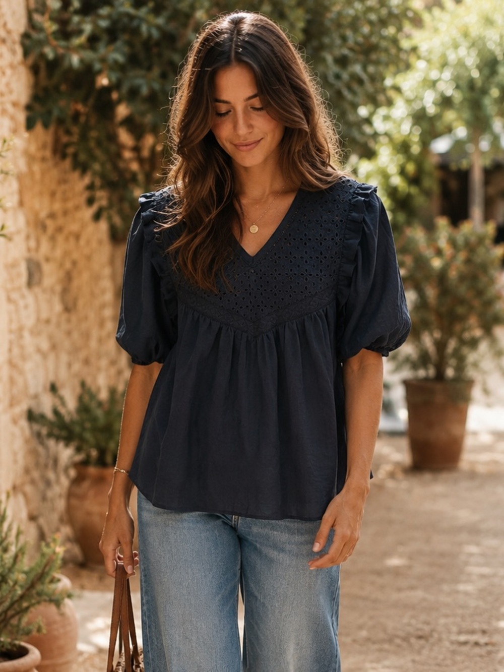 Current Air Black Eyelet Babydoll Blouse Size M Puff Sleeve Keyhole Top